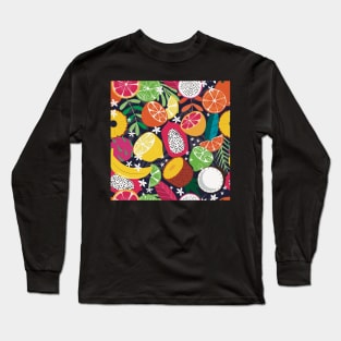 Colorful, juicy pattern with tropical fruits like lemon, pineapple, coconut, pitaya, dragonfruit, lime, banana, orange on dark background Long Sleeve T-Shirt